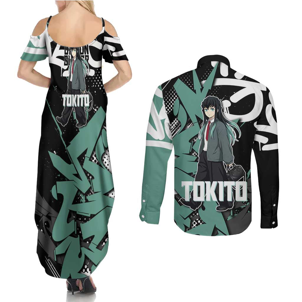 Muichiro Tokito Demon Slayer Couples Matching Summer Maxi Dress and Long Sleeve Button Shirt Teal & Black Graffiti Anime