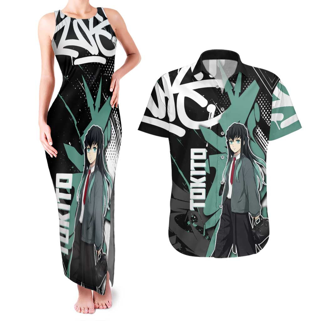 Muichiro Tokito Demon Slayer Couples Matching Tank Maxi Dress and Hawaiian Shirt Teal & Black Graffiti Anime