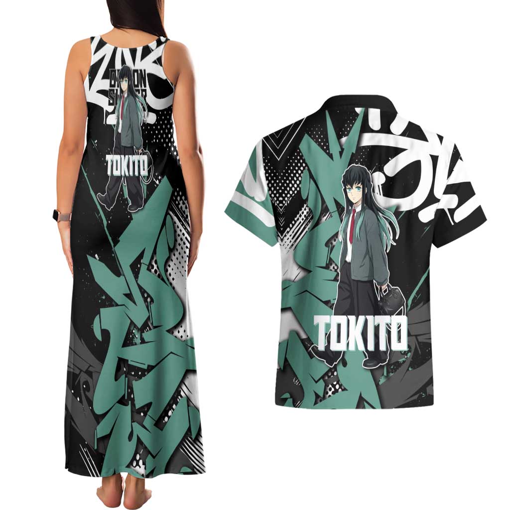 Muichiro Tokito Demon Slayer Couples Matching Tank Maxi Dress and Hawaiian Shirt Teal & Black Graffiti Anime
