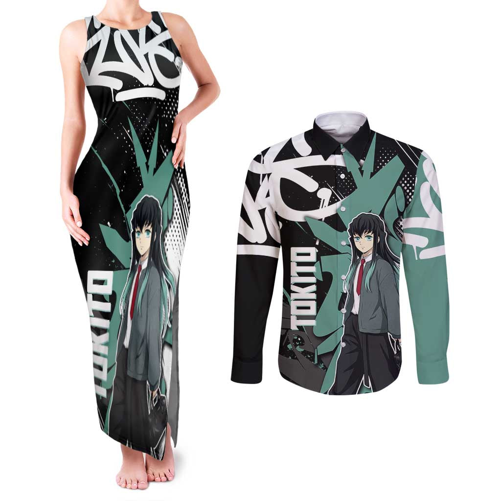 Muichiro Tokito Demon Slayer Couples Matching Tank Maxi Dress and Long Sleeve Button Shirt Teal & Black Graffiti Anime