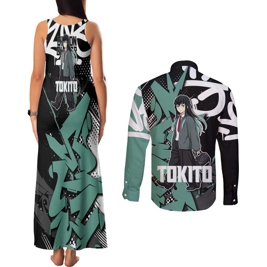 Muichiro Tokito Demon Slayer Couples Matching Tank Maxi Dress and Long Sleeve Button Shirt Teal & Black Graffiti Anime