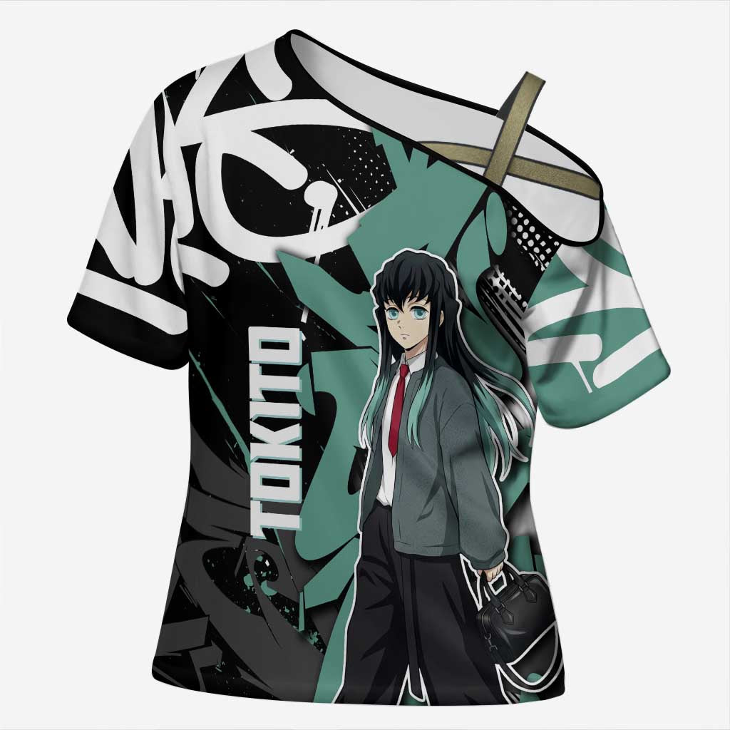 Muichiro Tokito Demon Slayer Cross Shoulder Shirt Teal & Black Graffiti Anime