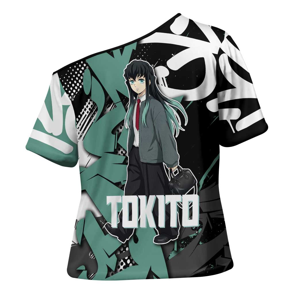 Muichiro Tokito Demon Slayer Cross Shoulder Shirt Teal & Black Graffiti Anime