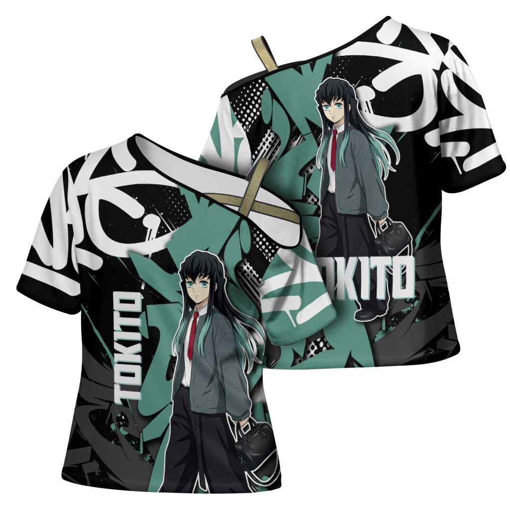 Muichiro Tokito Demon Slayer Cross Shoulder Shirt Teal & Black Graffiti Anime