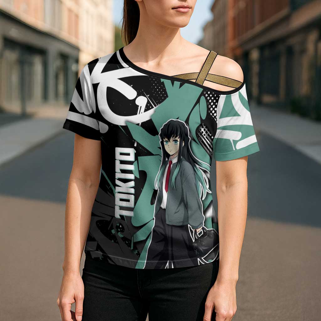 Muichiro Tokito Demon Slayer Cross Shoulder Shirt Teal & Black Graffiti Anime