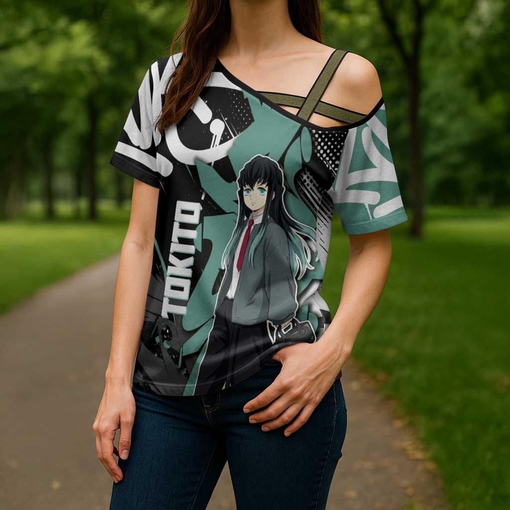 Muichiro Tokito Demon Slayer Cross Shoulder Shirt Teal & Black Graffiti Anime
