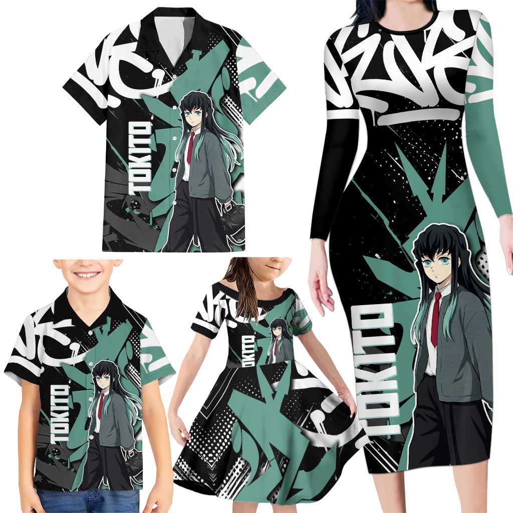 Muichiro Tokito Demon Slayer Family Matching Long Sleeve Bodycon Dress and Hawaiian Shirt Teal & Black Graffiti Anime