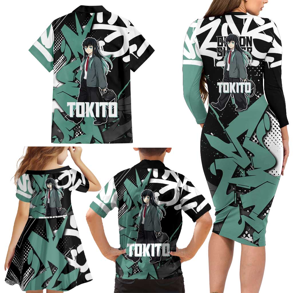 Muichiro Tokito Demon Slayer Family Matching Long Sleeve Bodycon Dress and Hawaiian Shirt Teal & Black Graffiti Anime