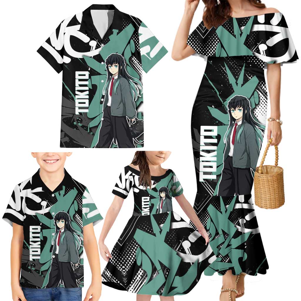 Muichiro Tokito Demon Slayer Family Matching Mermaid Dress and Hawaiian Shirt Teal & Black Graffiti Anime