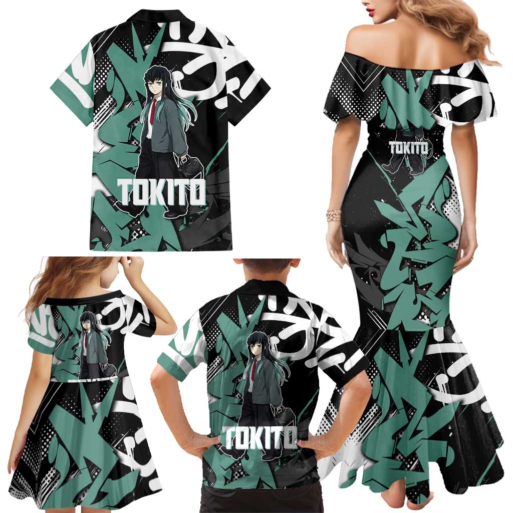 Muichiro Tokito Demon Slayer Family Matching Mermaid Dress and Hawaiian Shirt Teal & Black Graffiti Anime
