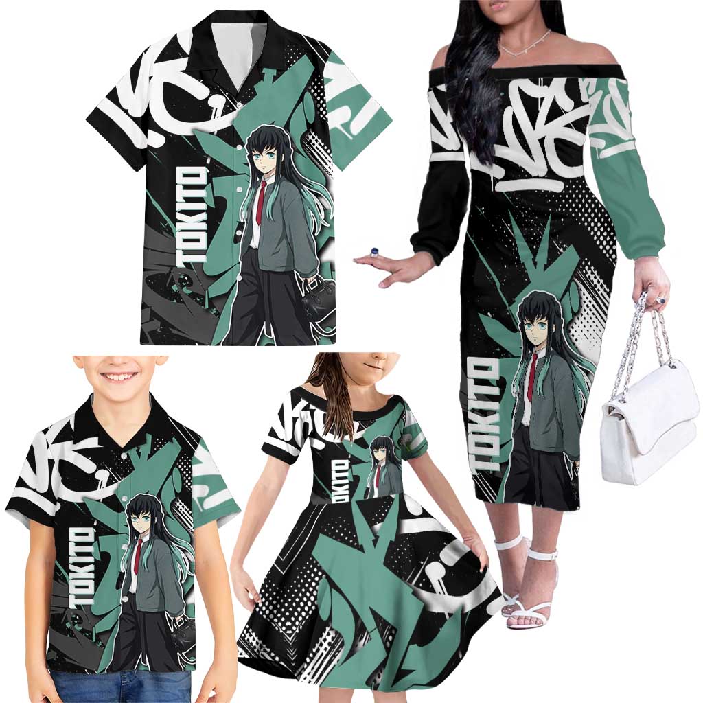 Muichiro Tokito Demon Slayer Family Matching Off The Shoulder Long Sleeve Dress and Hawaiian Shirt Teal & Black Graffiti Anime