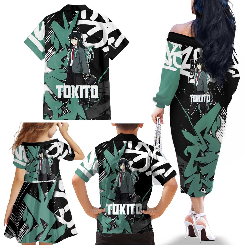 Muichiro Tokito Demon Slayer Family Matching Off The Shoulder Long Sleeve Dress and Hawaiian Shirt Teal & Black Graffiti Anime