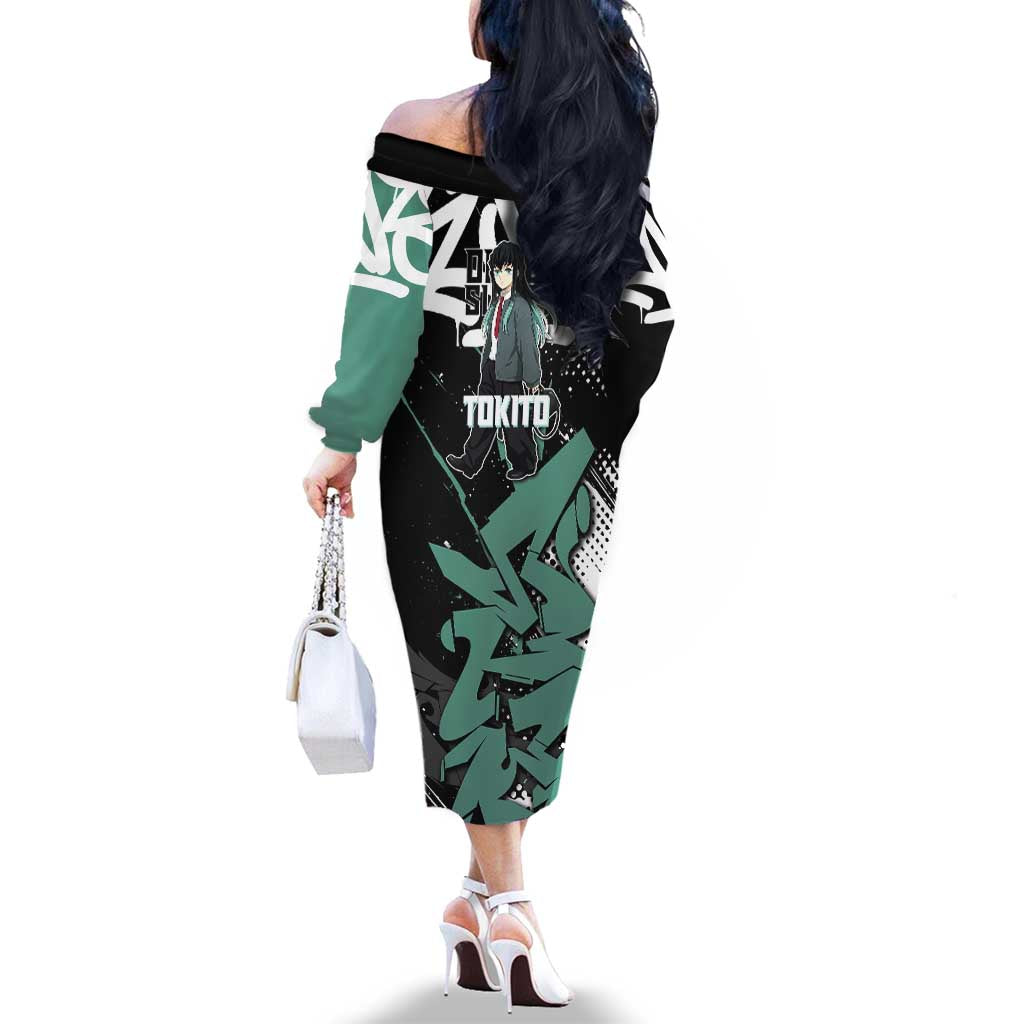 Muichiro Tokito Demon Slayer Family Matching Off The Shoulder Long Sleeve Dress and Hawaiian Shirt Teal & Black Graffiti Anime