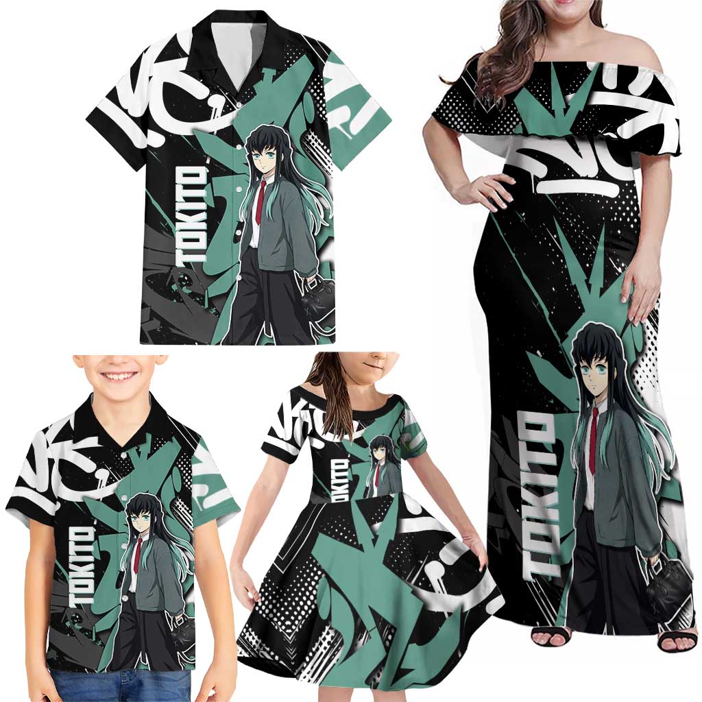 Muichiro Tokito Demon Slayer Family Matching Off Shoulder Maxi Dress and Hawaiian Shirt Teal & Black Graffiti Anime