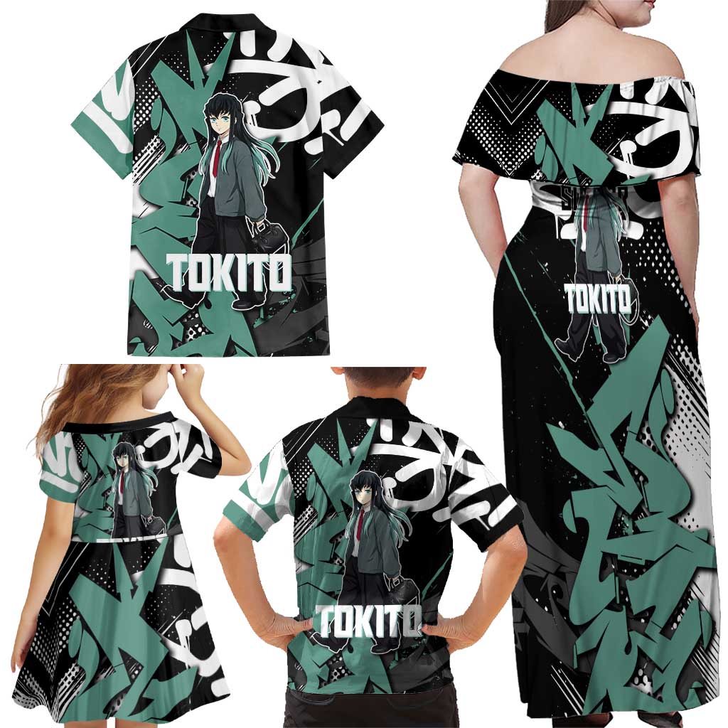 Muichiro Tokito Demon Slayer Family Matching Off Shoulder Maxi Dress and Hawaiian Shirt Teal & Black Graffiti Anime