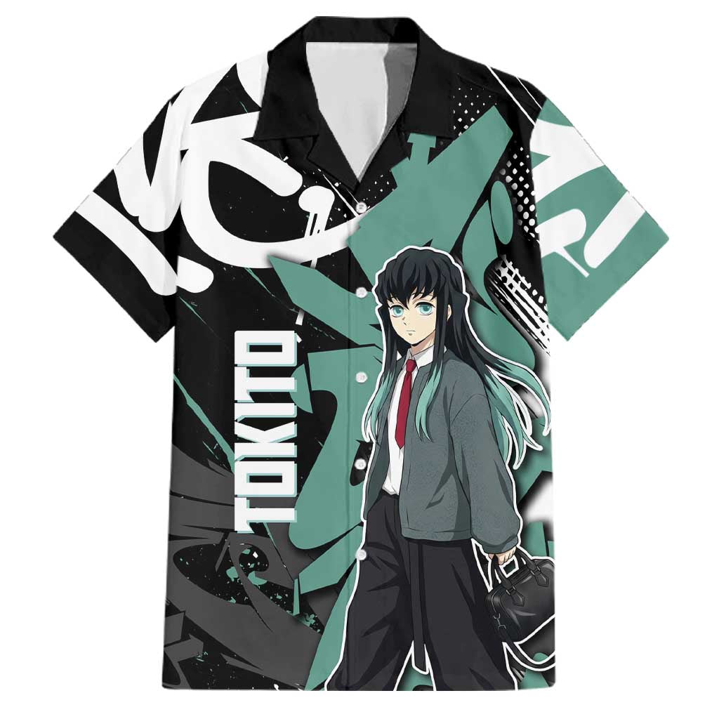 Muichiro Tokito Demon Slayer Family Matching Off Shoulder Maxi Dress and Hawaiian Shirt Teal & Black Graffiti Anime