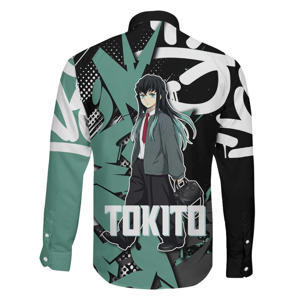 Muichiro Tokito Demon Slayer Family Matching Off Shoulder Maxi Dress and Hawaiian Shirt Teal & Black Graffiti Anime