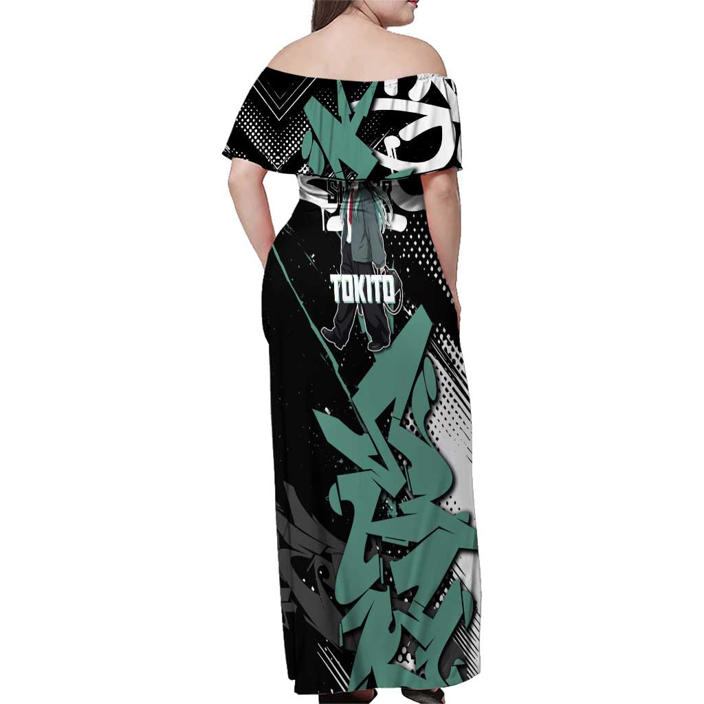 Muichiro Tokito Demon Slayer Family Matching Off Shoulder Maxi Dress and Hawaiian Shirt Teal & Black Graffiti Anime