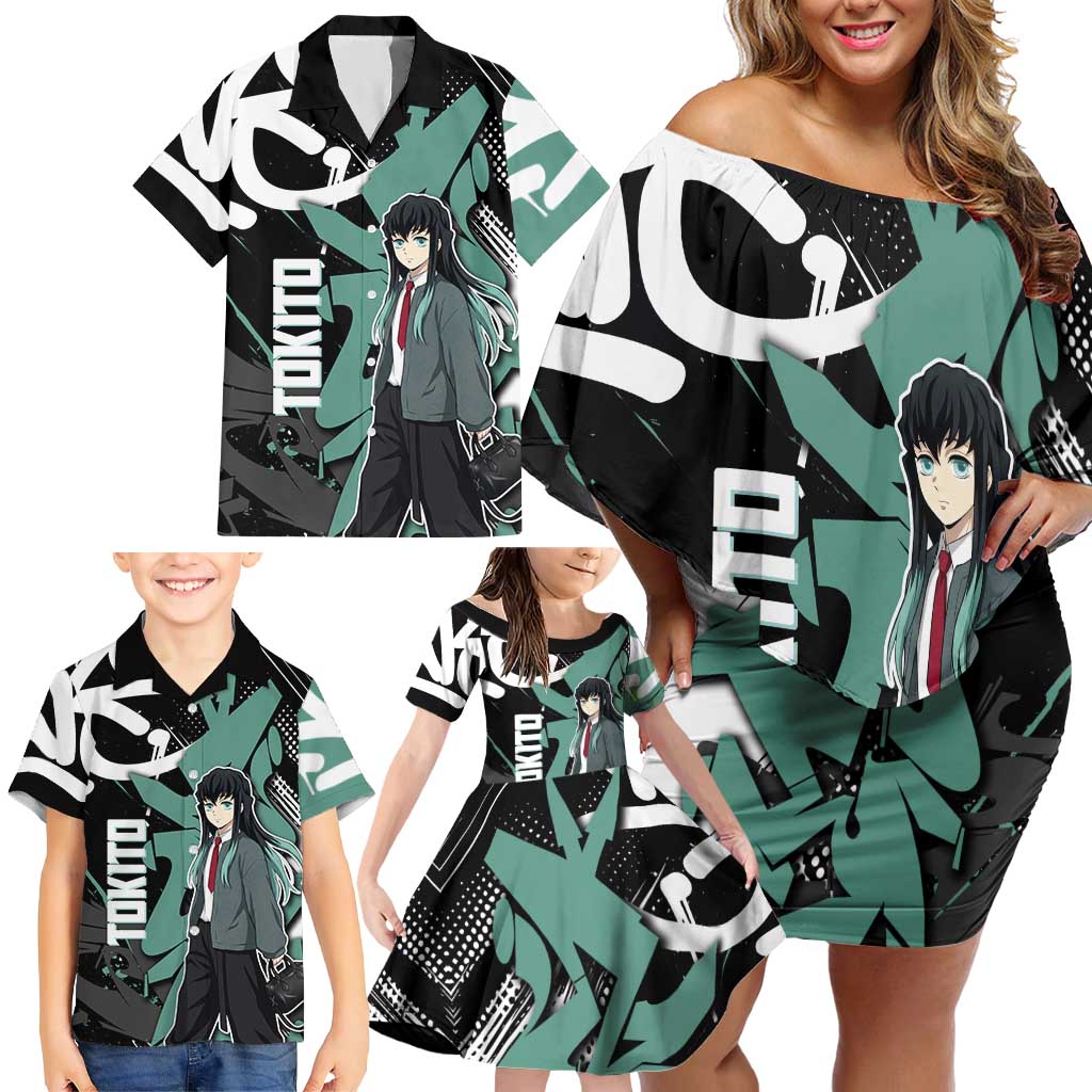 Muichiro Tokito Demon Slayer Family Matching Off Shoulder Short Dress and Hawaiian Shirt Teal & Black Graffiti Anime