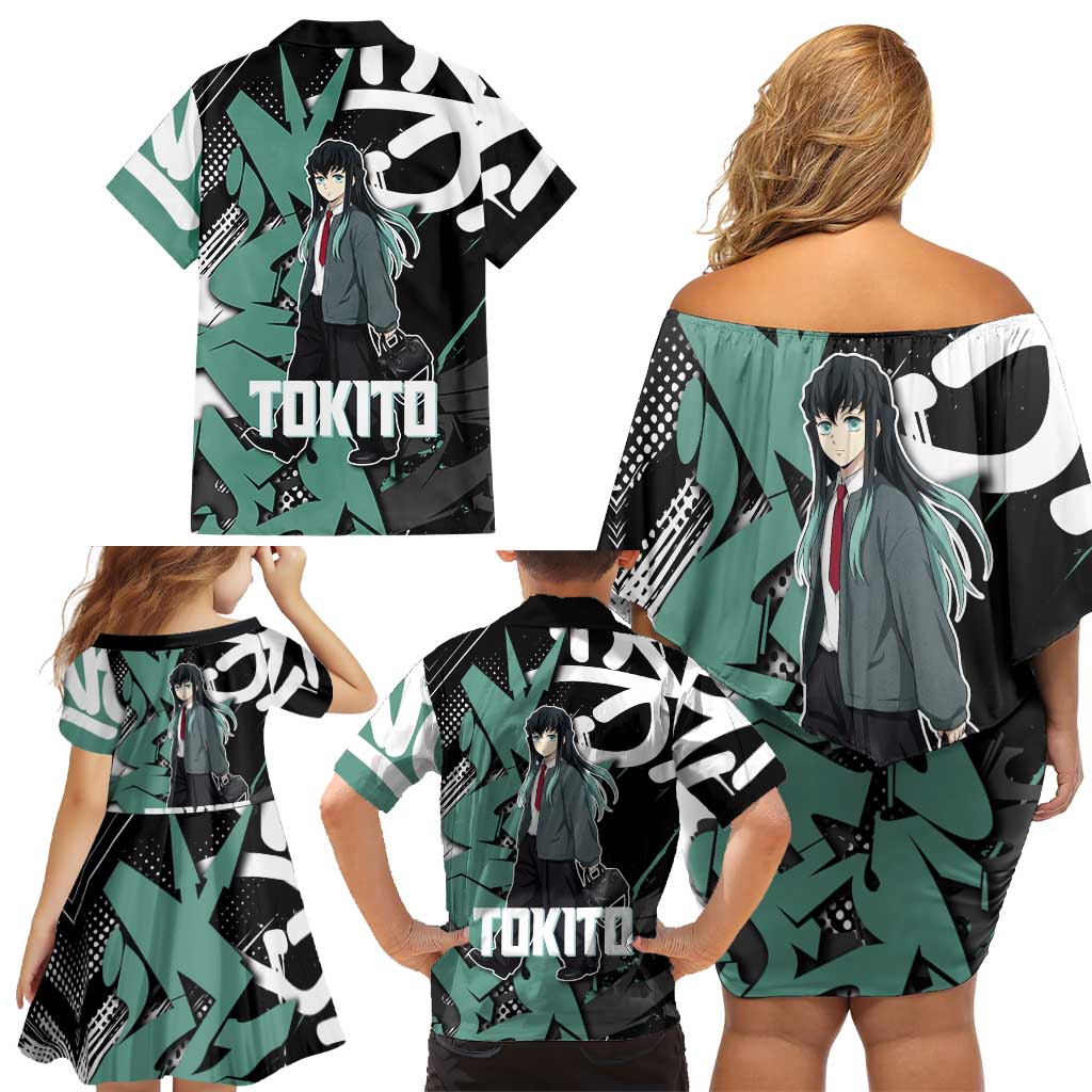 Muichiro Tokito Demon Slayer Family Matching Off Shoulder Short Dress and Hawaiian Shirt Teal & Black Graffiti Anime