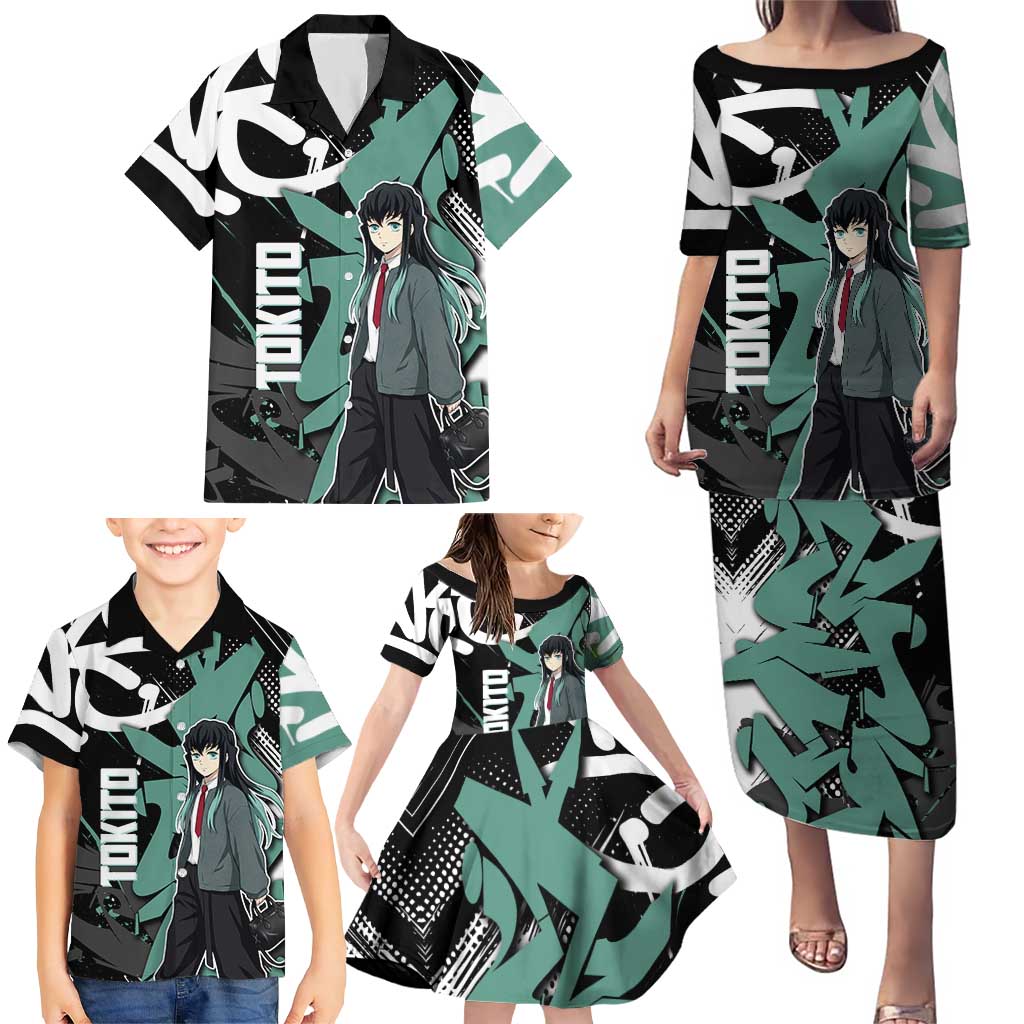 Muichiro Tokito Demon Slayer Family Matching Puletasi and Hawaiian Shirt Teal & Black Graffiti Anime