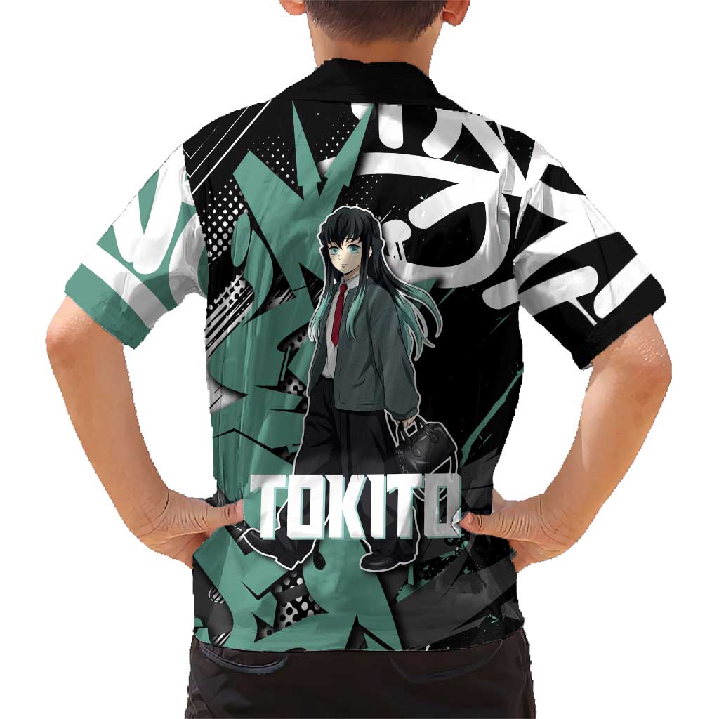 Muichiro Tokito Demon Slayer Family Matching Puletasi and Hawaiian Shirt Teal & Black Graffiti Anime