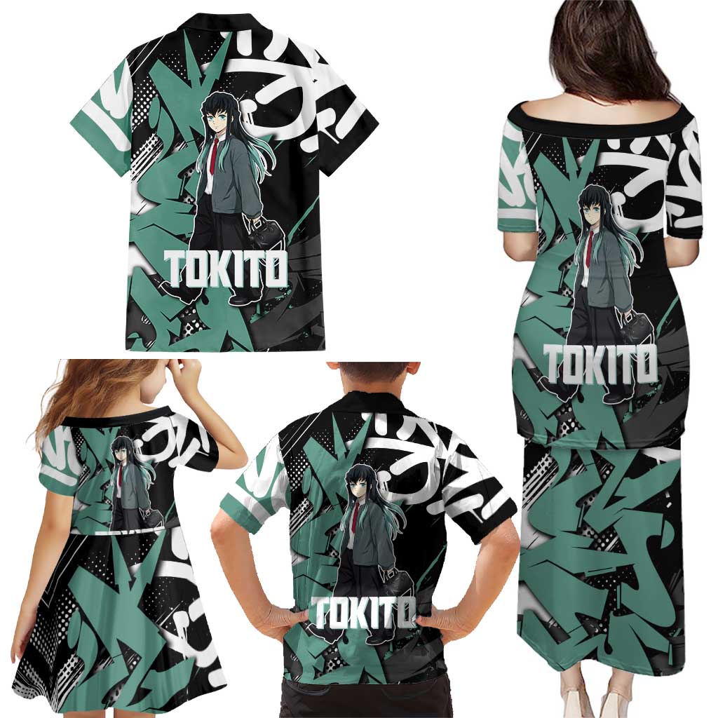 Muichiro Tokito Demon Slayer Family Matching Puletasi and Hawaiian Shirt Teal & Black Graffiti Anime