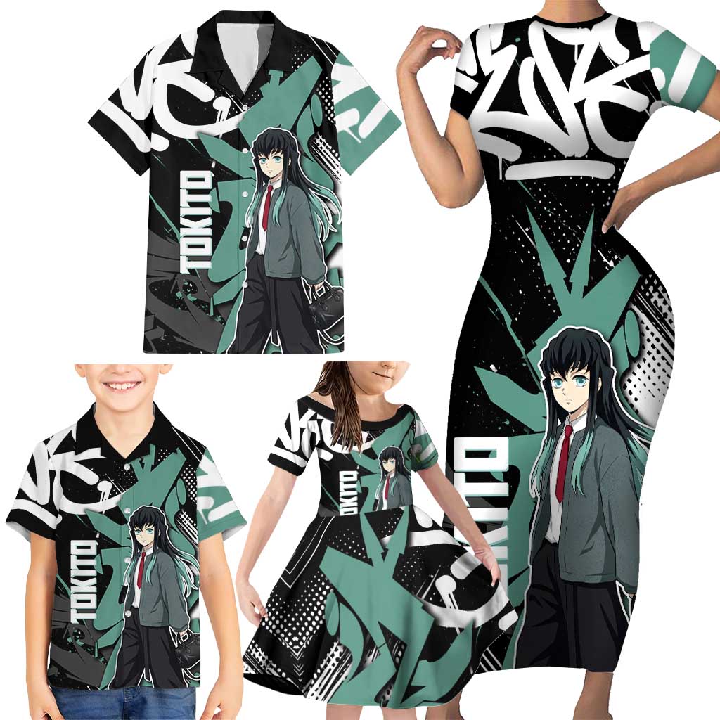 Muichiro Tokito Demon Slayer Family Matching Short Sleeve Bodycon Dress and Hawaiian Shirt Teal & Black Graffiti Anime