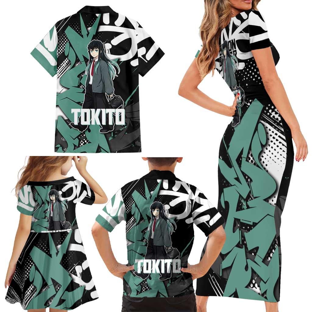 Muichiro Tokito Demon Slayer Family Matching Short Sleeve Bodycon Dress and Hawaiian Shirt Teal & Black Graffiti Anime