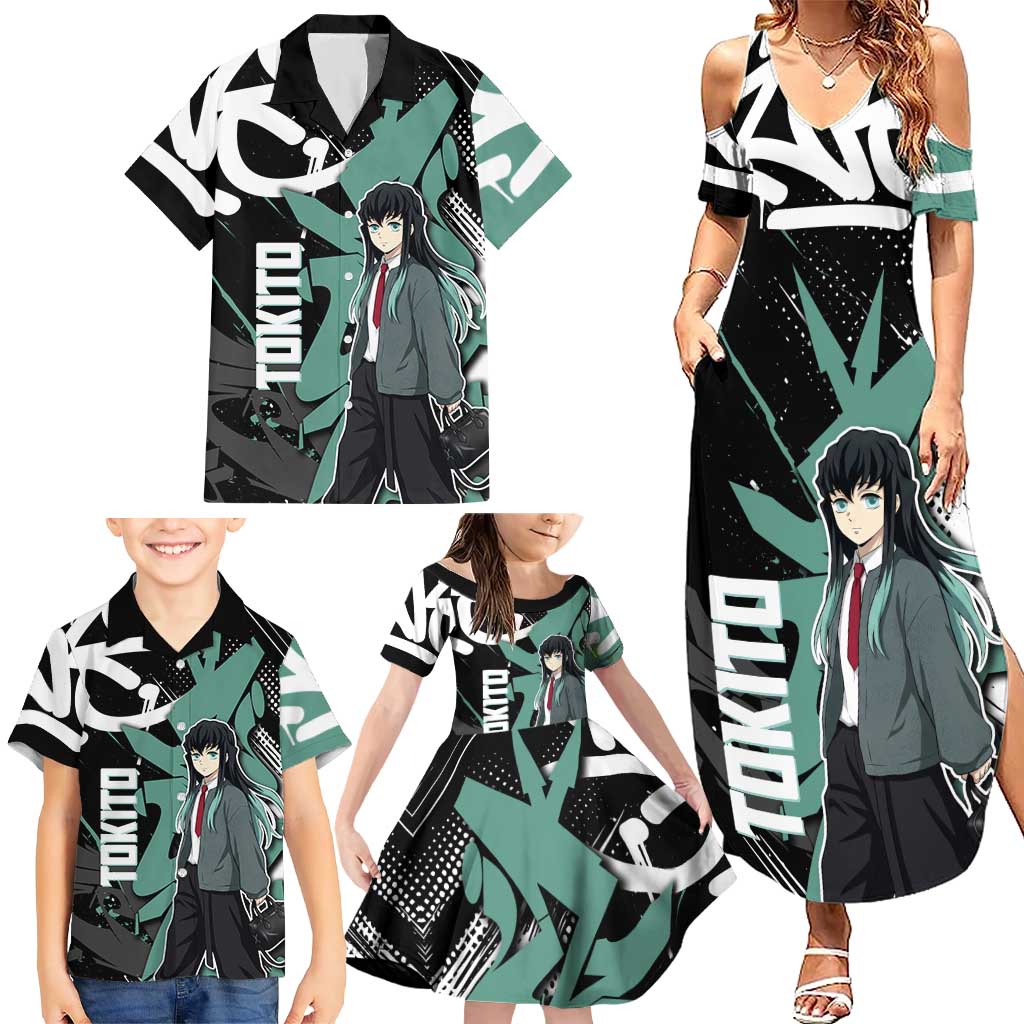 Muichiro Tokito Demon Slayer Family Matching Summer Maxi Dress and Hawaiian Shirt Teal & Black Graffiti Anime