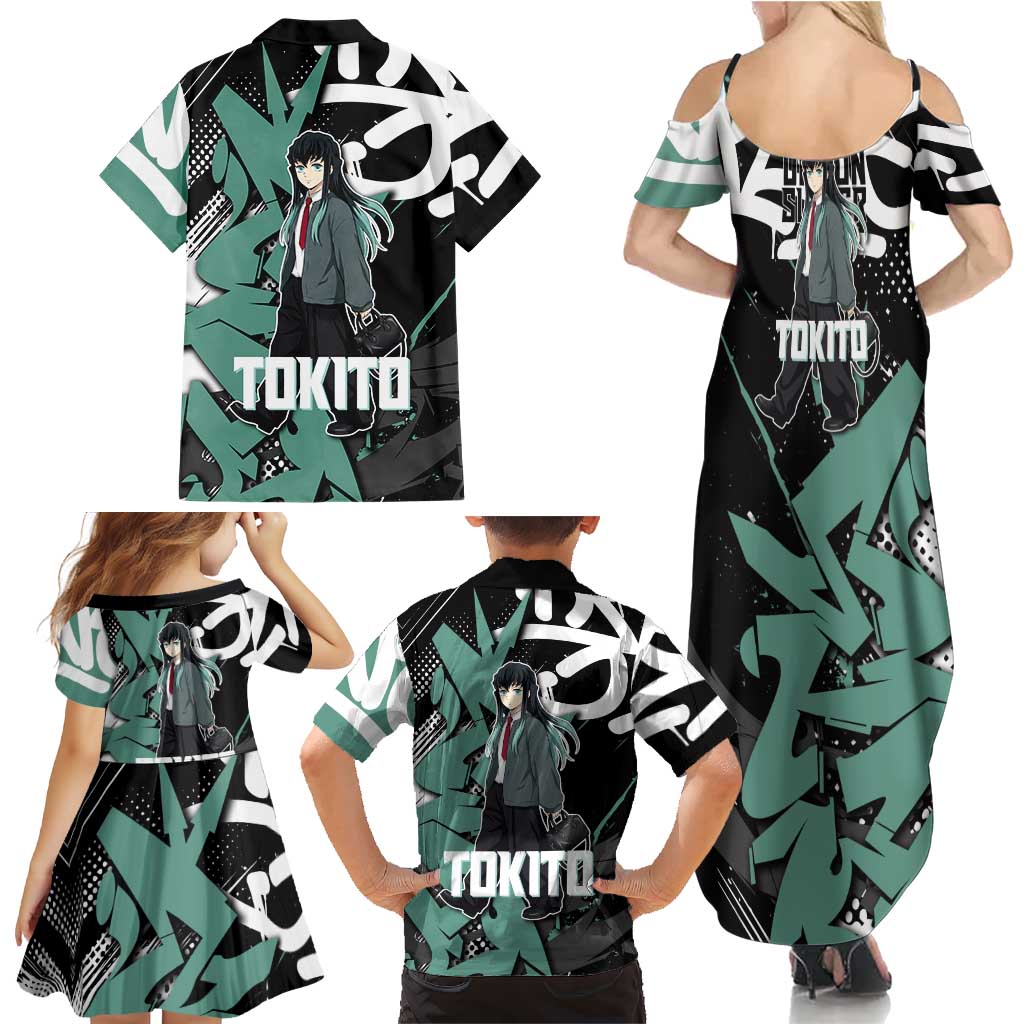 Muichiro Tokito Demon Slayer Family Matching Summer Maxi Dress and Hawaiian Shirt Teal & Black Graffiti Anime