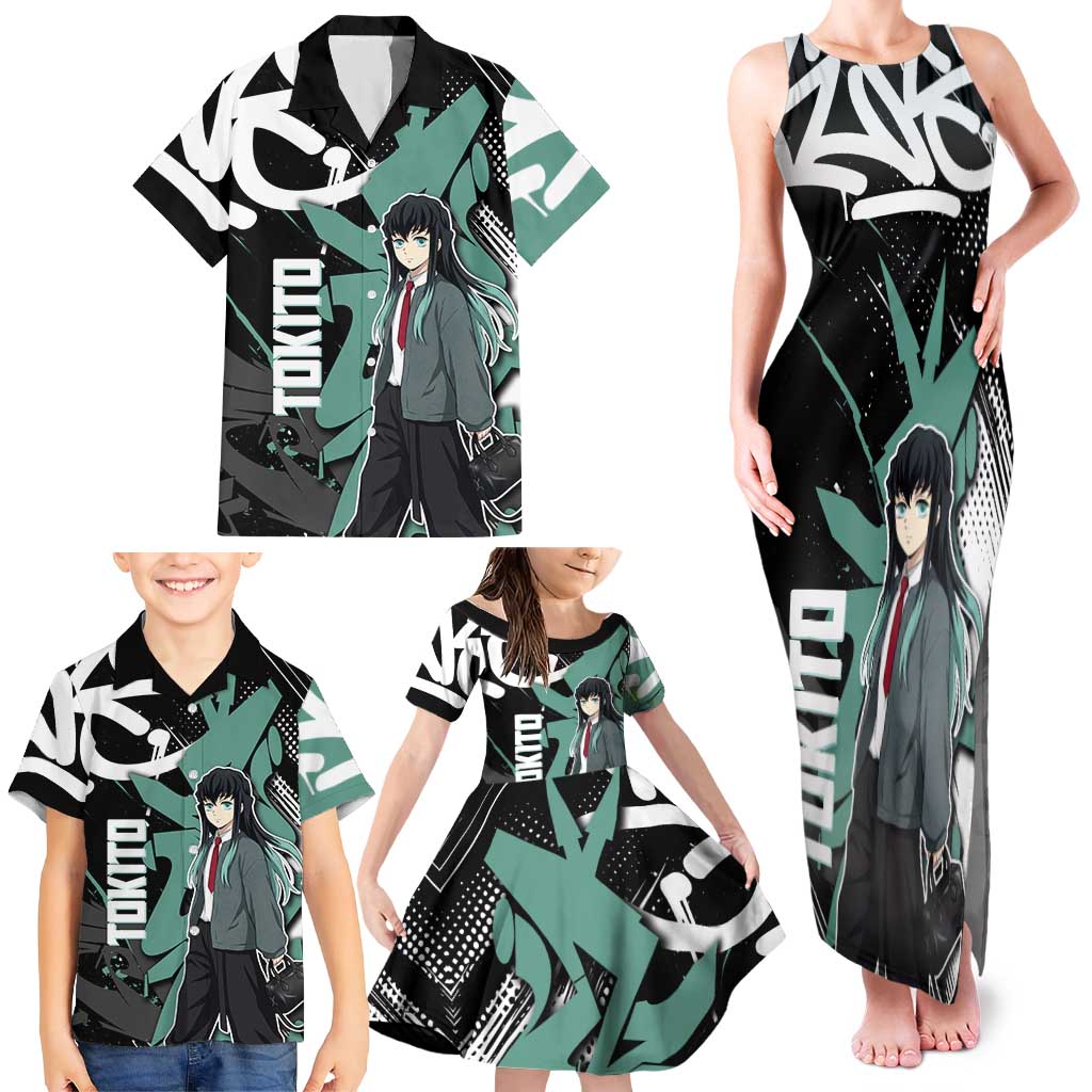 Muichiro Tokito Demon Slayer Family Matching Tank Maxi Dress and Hawaiian Shirt Teal & Black Graffiti Anime