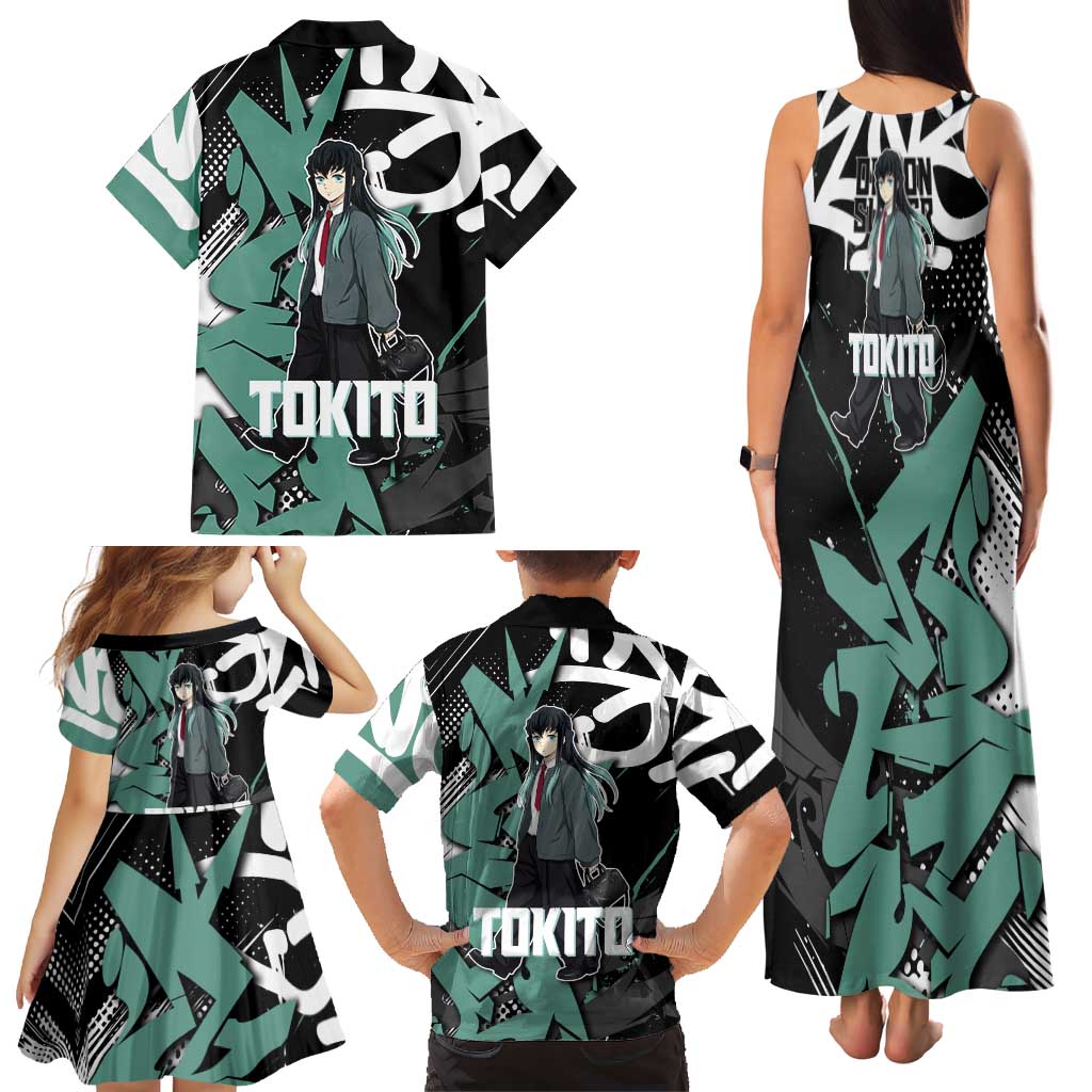 Muichiro Tokito Demon Slayer Family Matching Tank Maxi Dress and Hawaiian Shirt Teal & Black Graffiti Anime