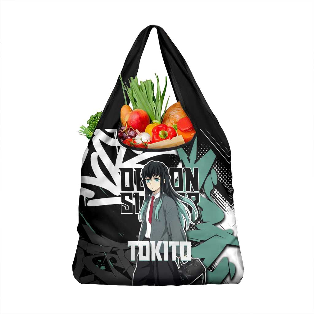 Muichiro Tokito Demon Slayer Grocery Bag Teal & Black Graffiti Anime