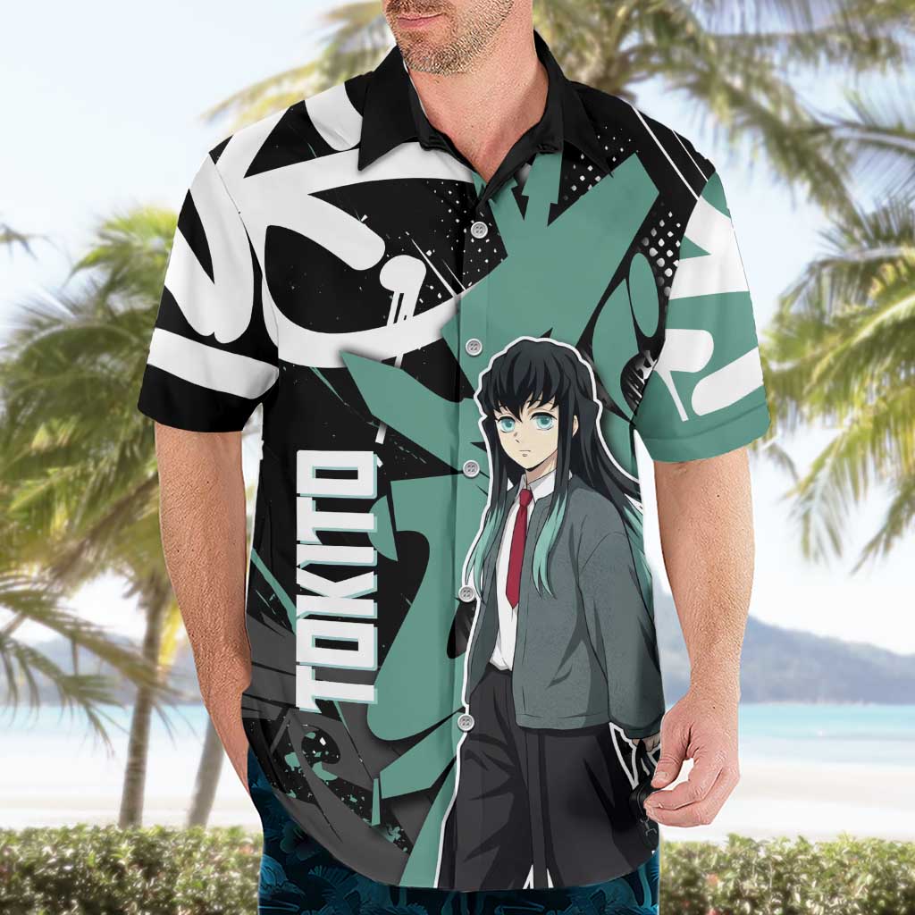 Muichiro Tokito Demon Slayer Hawaiian Shirt Teal & Black Graffiti Anime