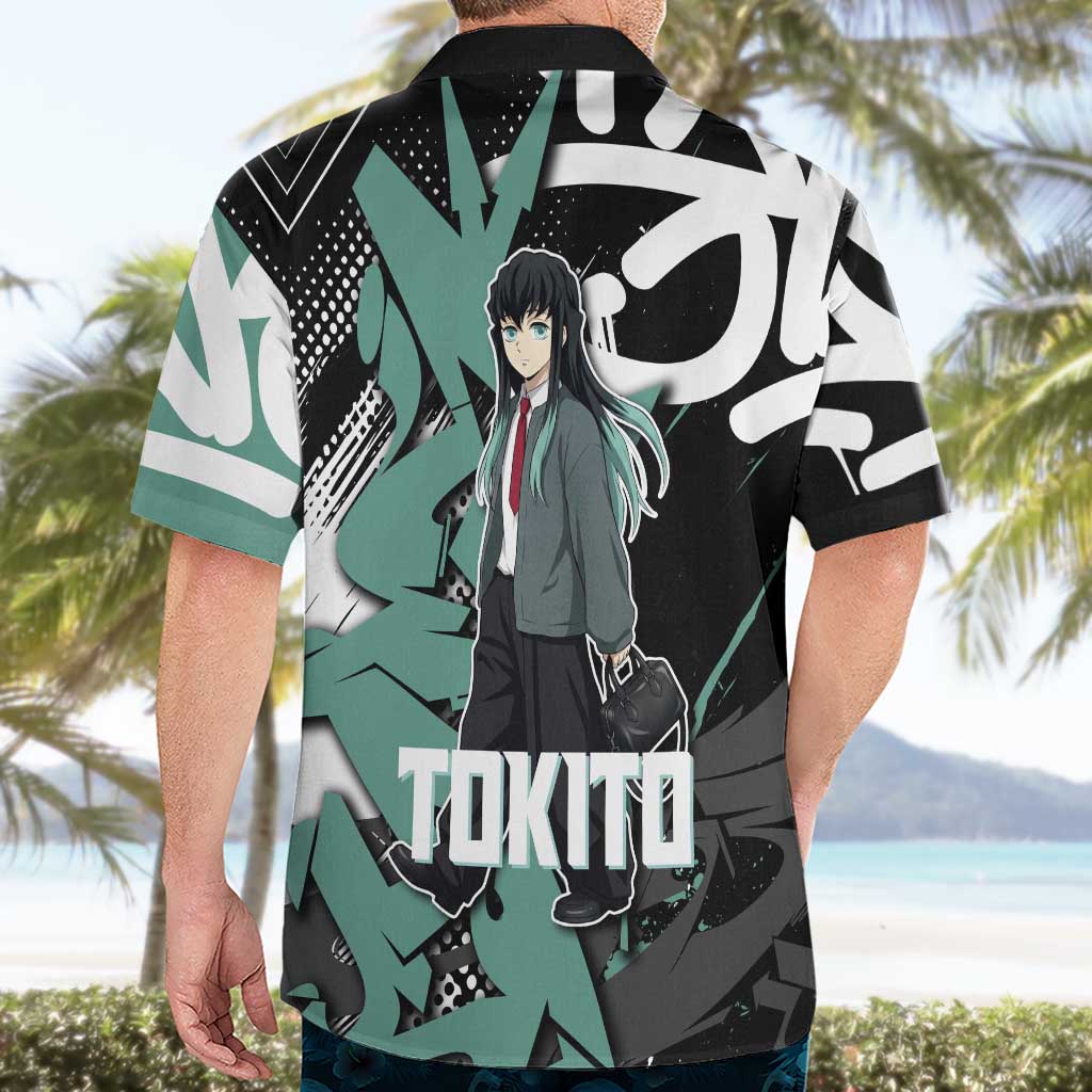 Muichiro Tokito Demon Slayer Hawaiian Shirt Teal & Black Graffiti Anime