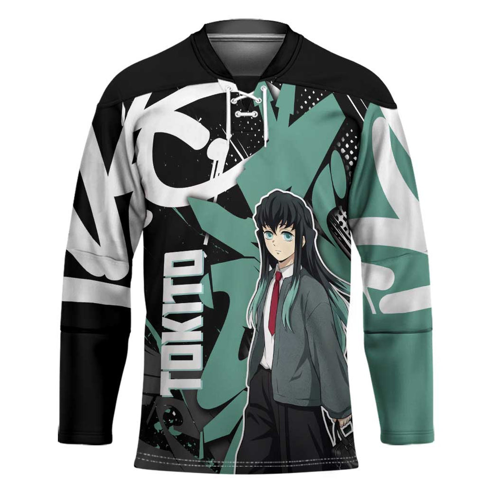 Muichiro Tokito Demon Slayer Hockey Jersey Teal & Black Graffiti Anime