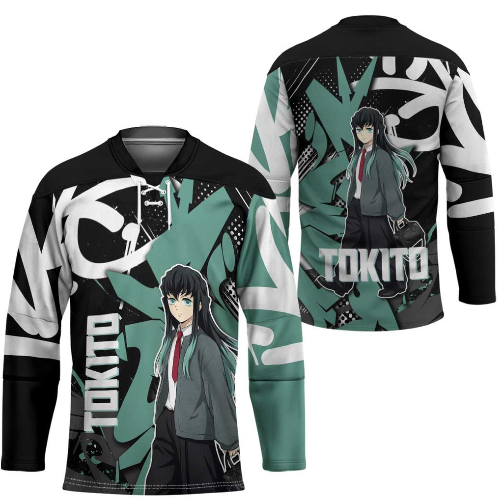 Muichiro Tokito Demon Slayer Hockey Jersey Teal & Black Graffiti Anime