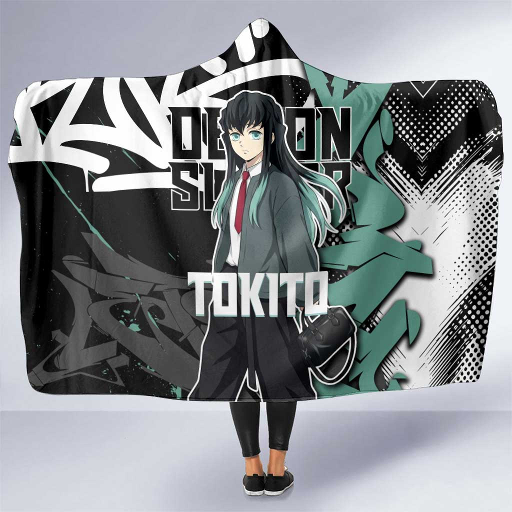 Muichiro Tokito Demon Slayer Hooded Blanket Teal & Black Graffiti Anime