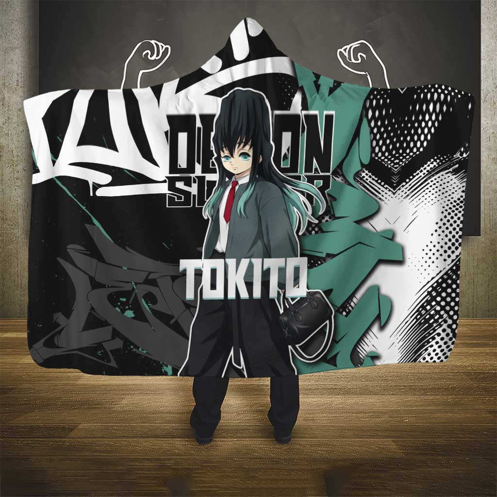 Muichiro Tokito Demon Slayer Hooded Blanket Teal & Black Graffiti Anime