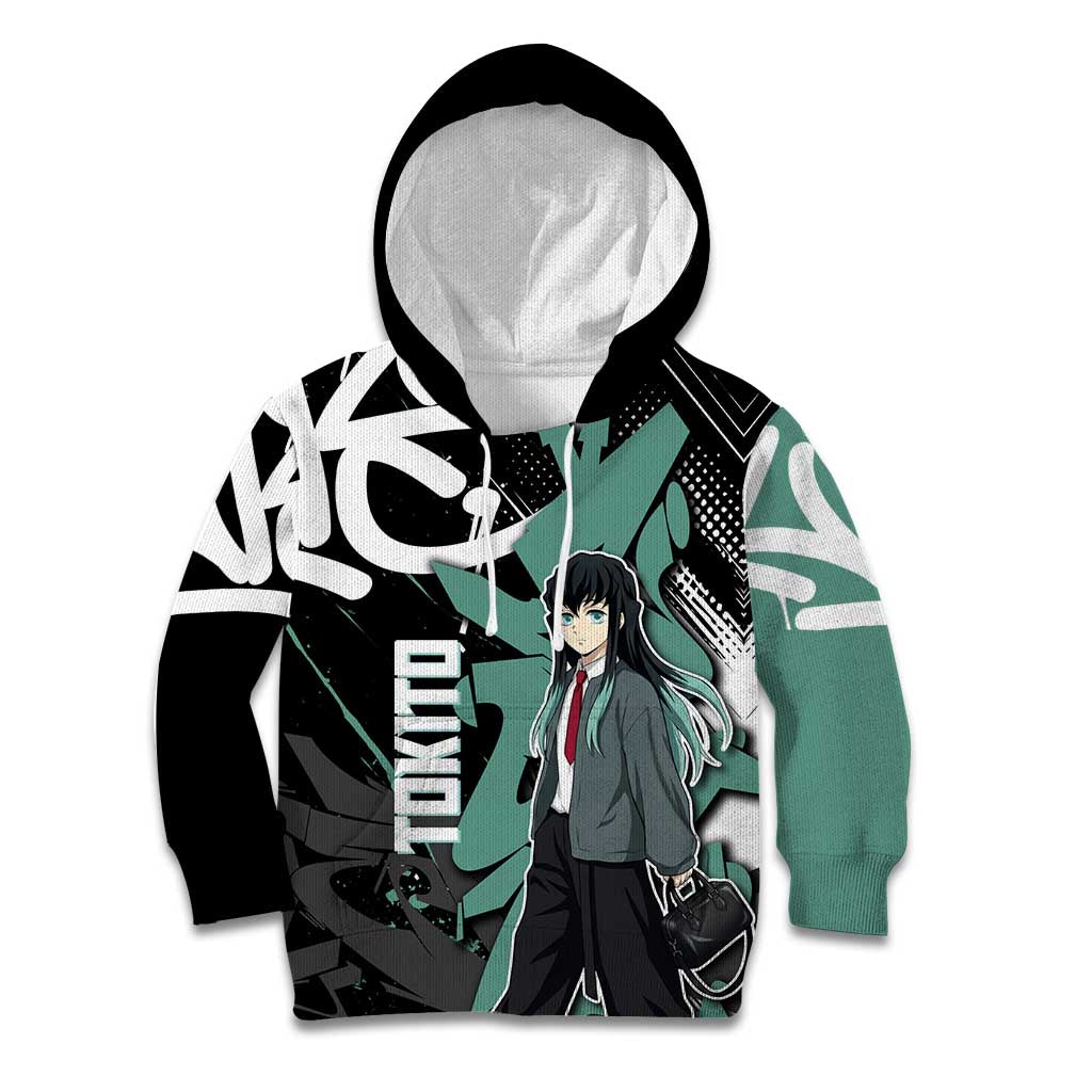 Muichiro Tokito Demon Slayer Kid Hoodie Teal & Black Graffiti Anime