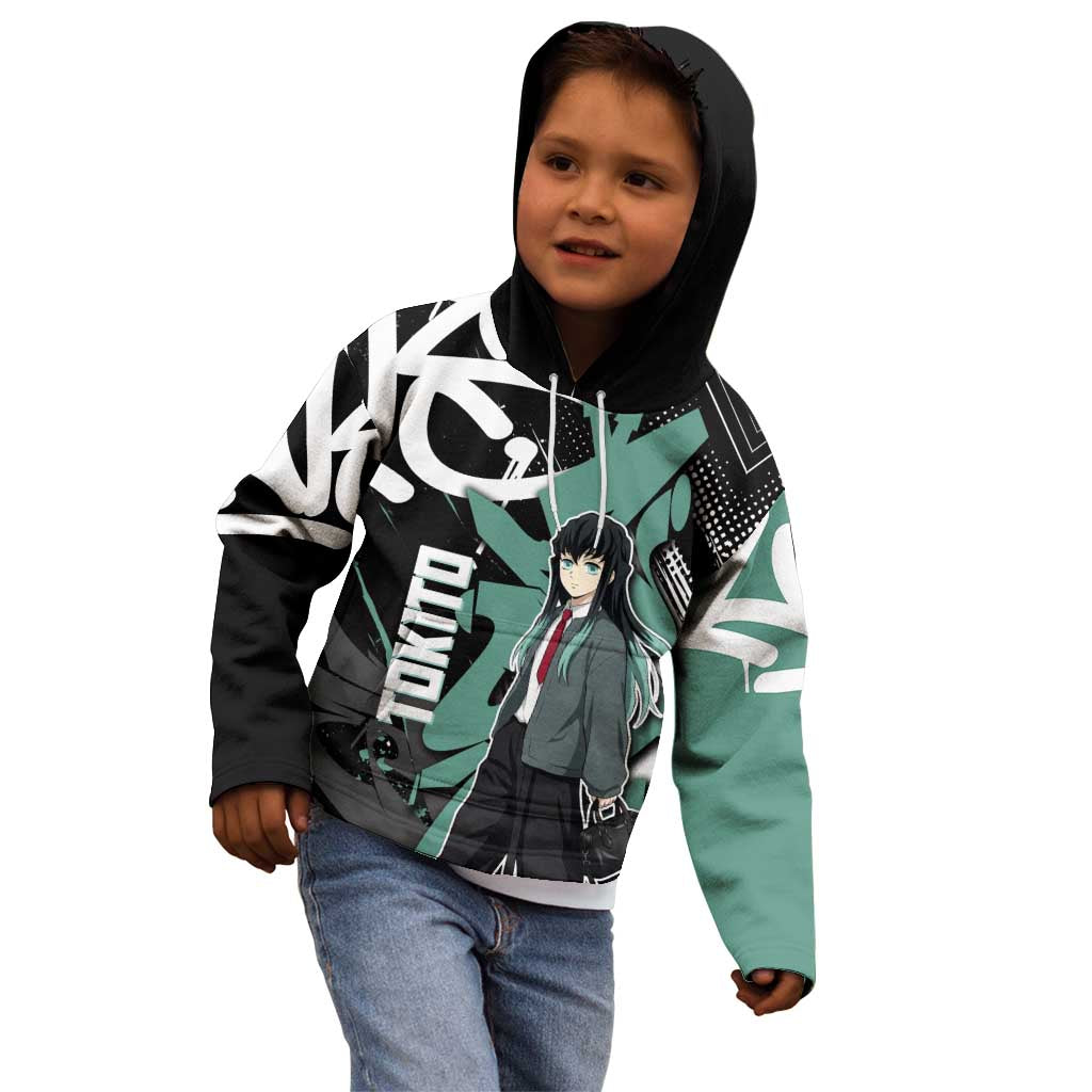 Muichiro Tokito Demon Slayer Kid Hoodie Teal & Black Graffiti Anime