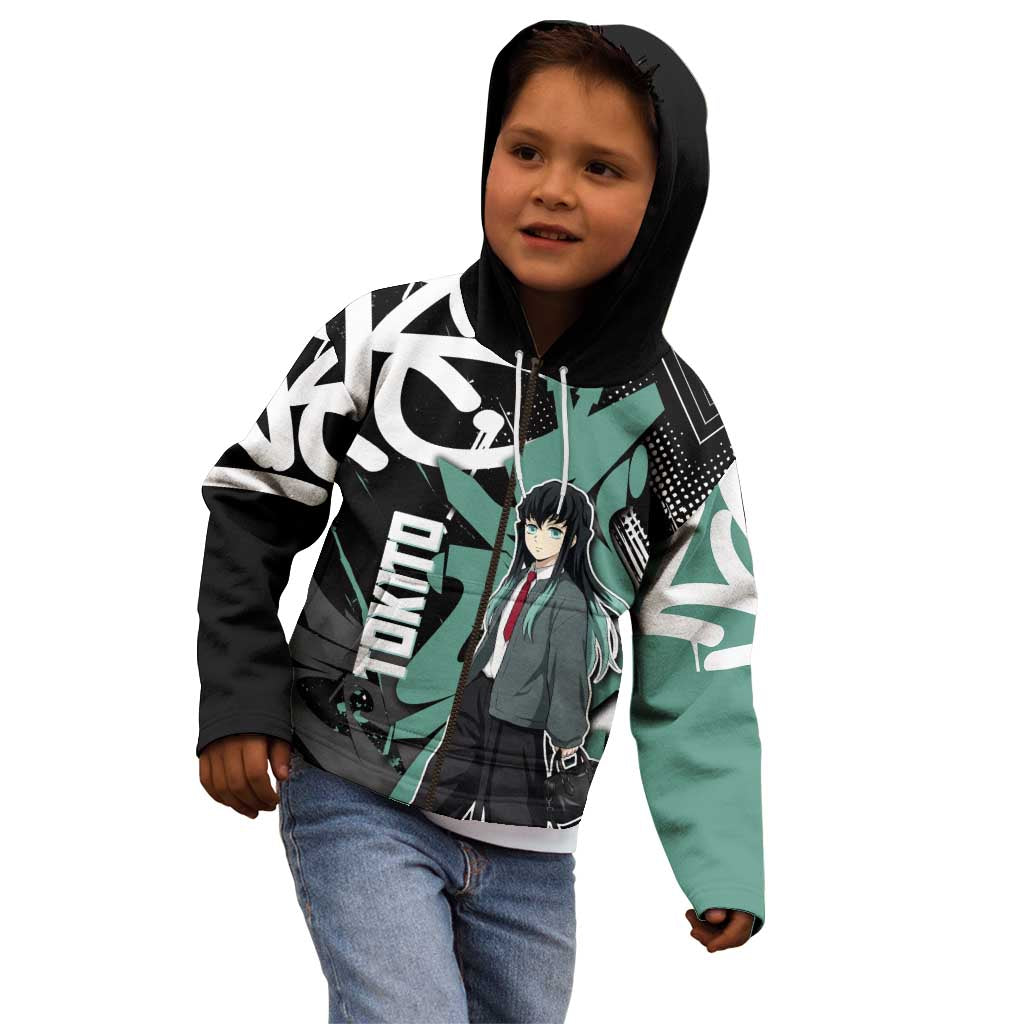 Muichiro Tokito Demon Slayer Kid Hoodie Teal & Black Graffiti Anime