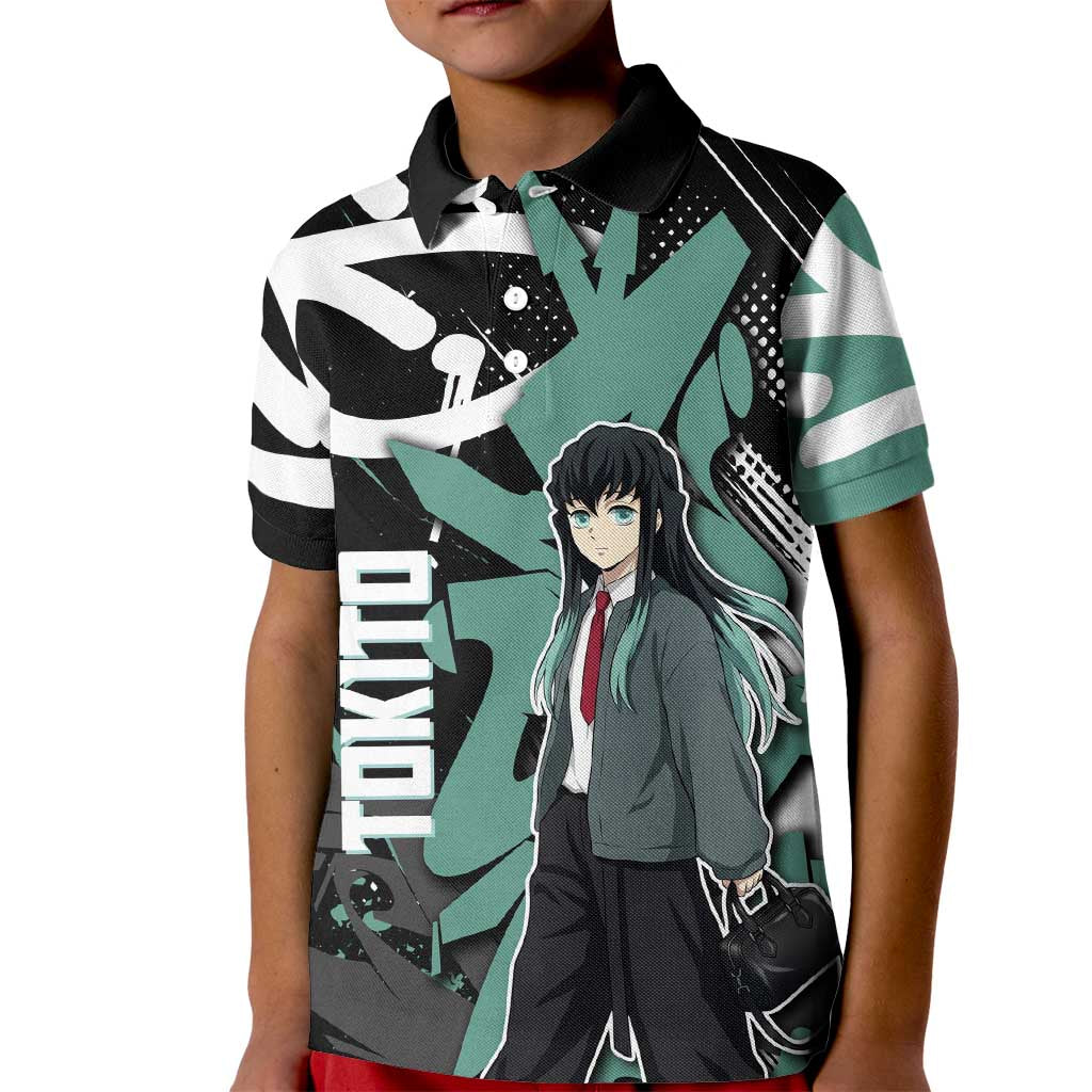 Muichiro Tokito Demon Slayer Kid Polo Shirt Teal & Black Graffiti Anime