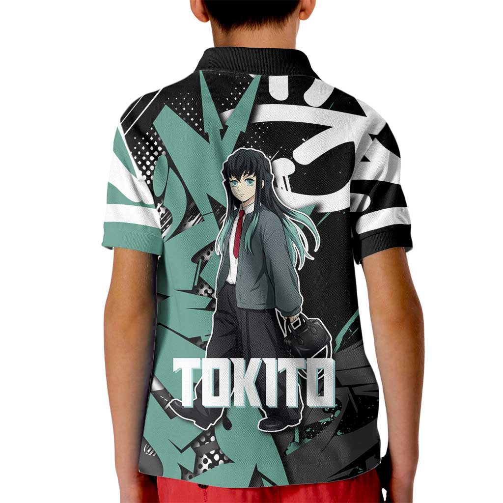 Muichiro Tokito Demon Slayer Kid Polo Shirt Teal & Black Graffiti Anime