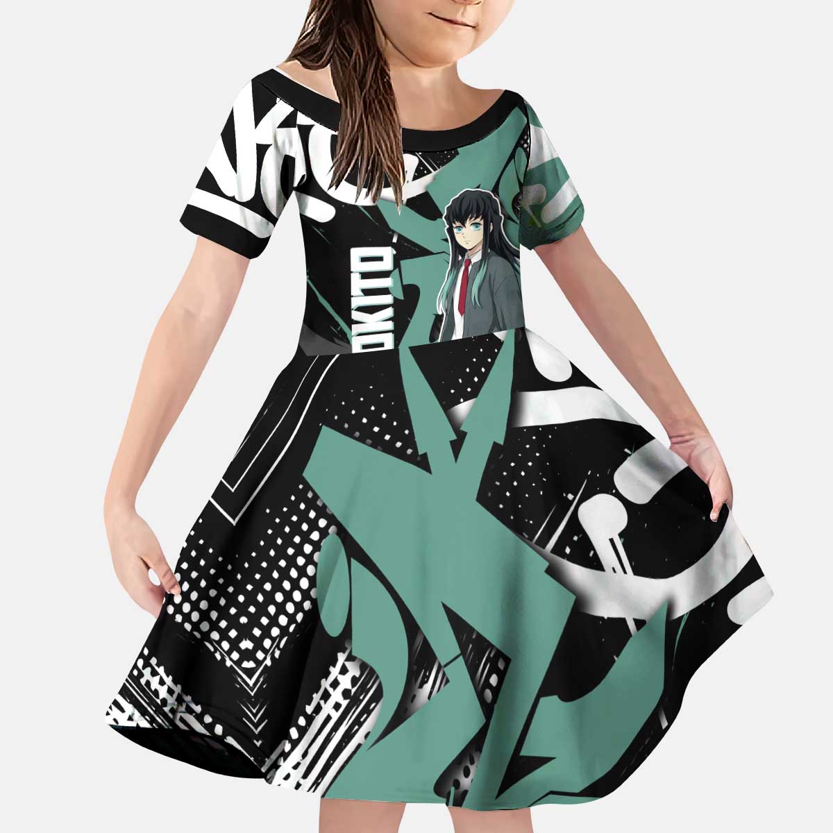 Muichiro Tokito Demon Slayer Kid Short Sleeve Dress Teal & Black Graffiti Anime