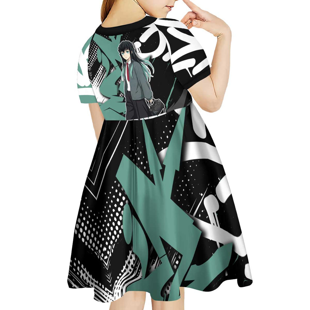Muichiro Tokito Demon Slayer Kid Short Sleeve Dress Teal & Black Graffiti Anime