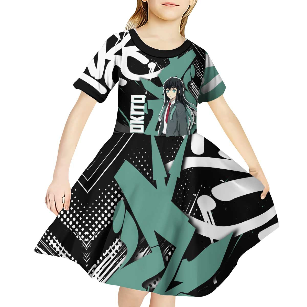 Muichiro Tokito Demon Slayer Kid Short Sleeve Dress Teal & Black Graffiti Anime