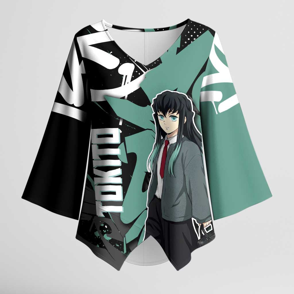 Muichiro Tokito Demon Slayer Kimono Sleeve Blouse Teal & Black Graffiti Anime