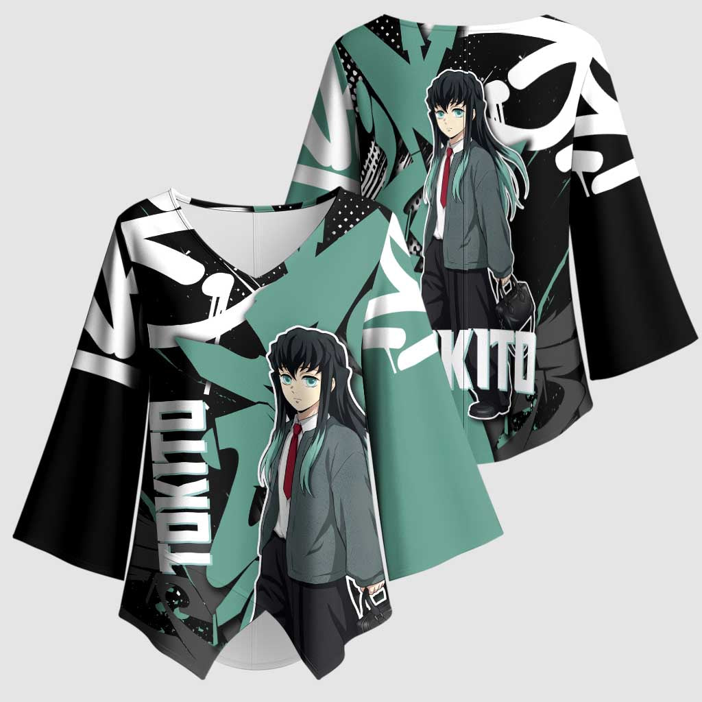 Muichiro Tokito Demon Slayer Kimono Sleeve Blouse Teal & Black Graffiti Anime